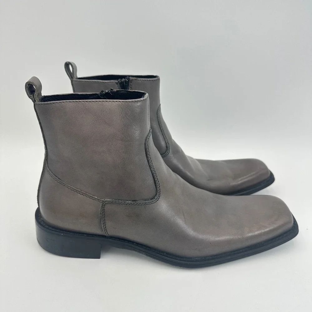 Kenneth Cole New York Micro Wave Gray Leather Side Zip Ankle Boots Mens 7.5M